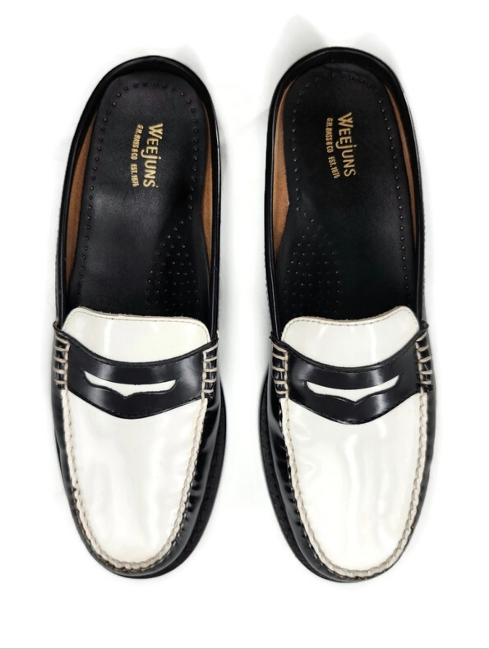 G.H. Bass Weejuns Wynn Black & White Leather Handsewn Slip-On Penny Loafer Mules - Picture 7 of 13